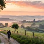 Cena inspiradora e bíblica de sábado com uma pessoa caminhando em meio à natureza ao nascer do sol