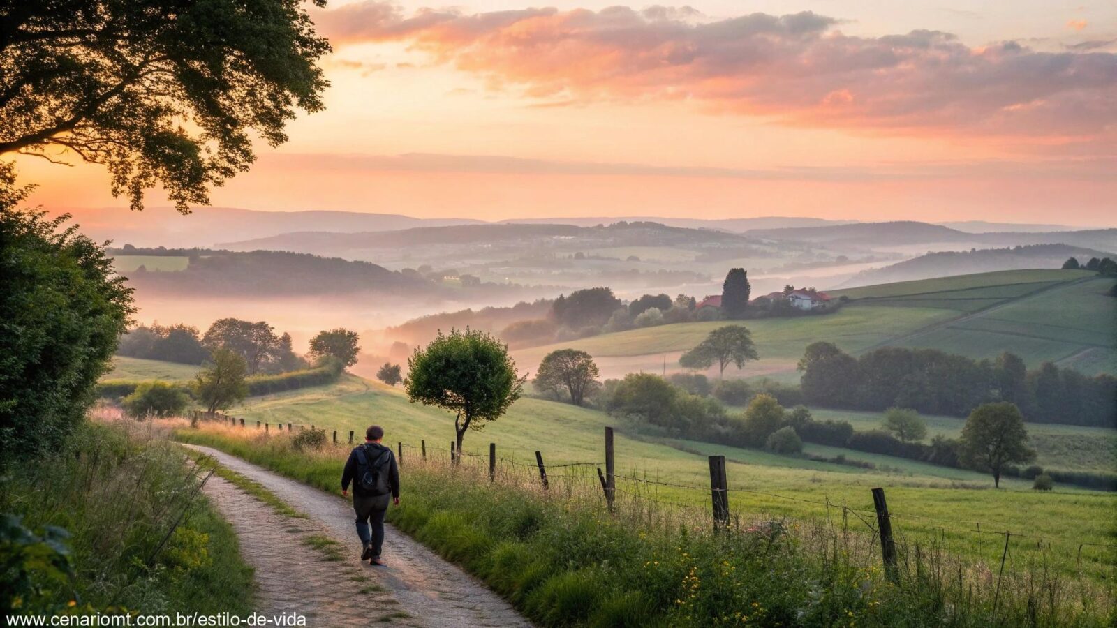 Cena inspiradora e bíblica de sábado com uma pessoa caminhando em meio à natureza ao nascer do sol