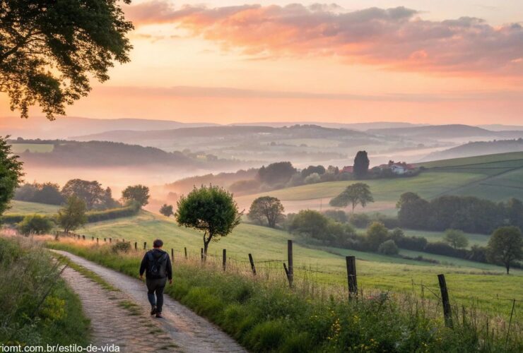 Cena inspiradora e bíblica de sábado com uma pessoa caminhando em meio à natureza ao nascer do sol