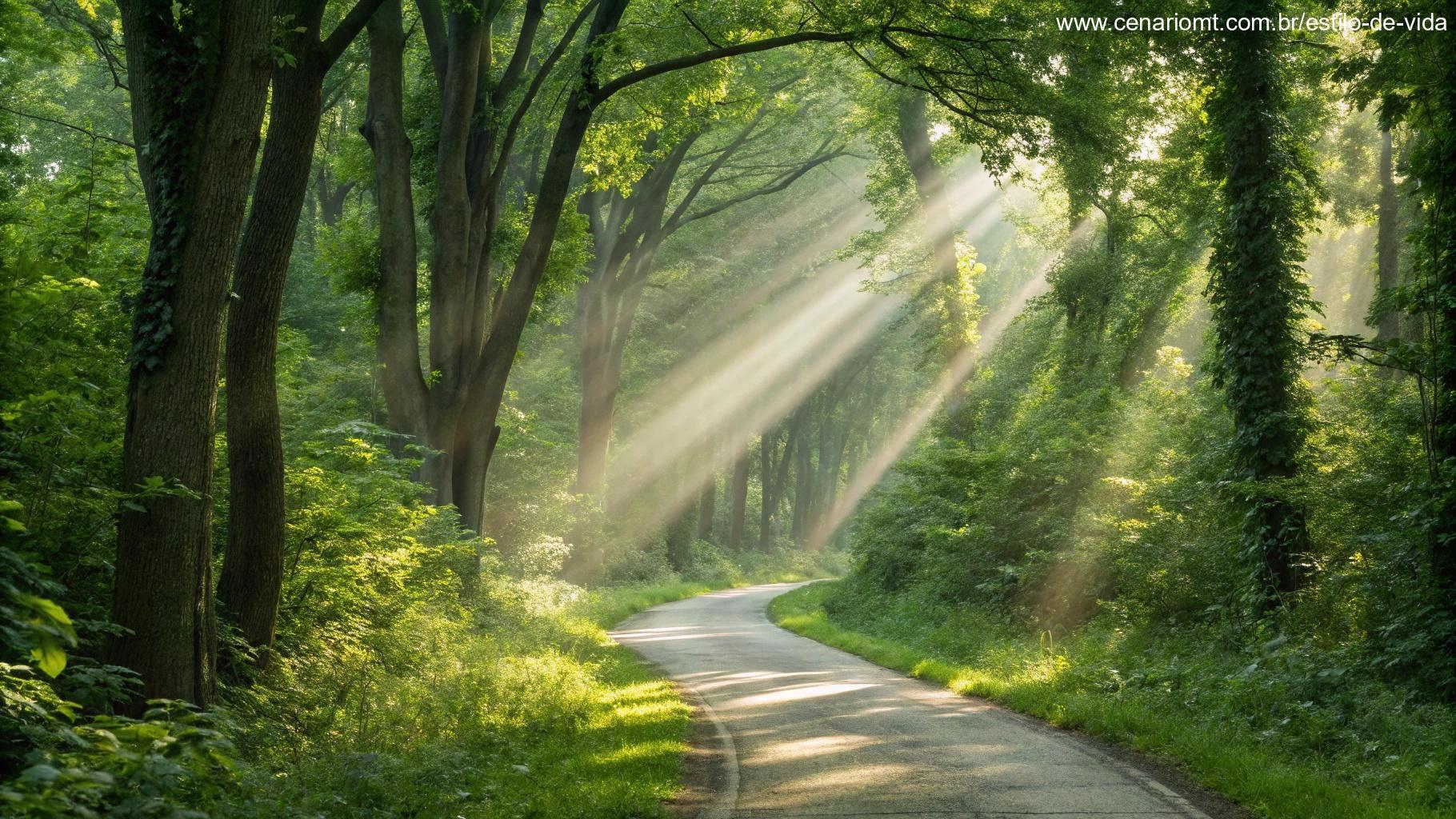 Caminho em uma floresta verdejante com raios de sol atravessando as árvores