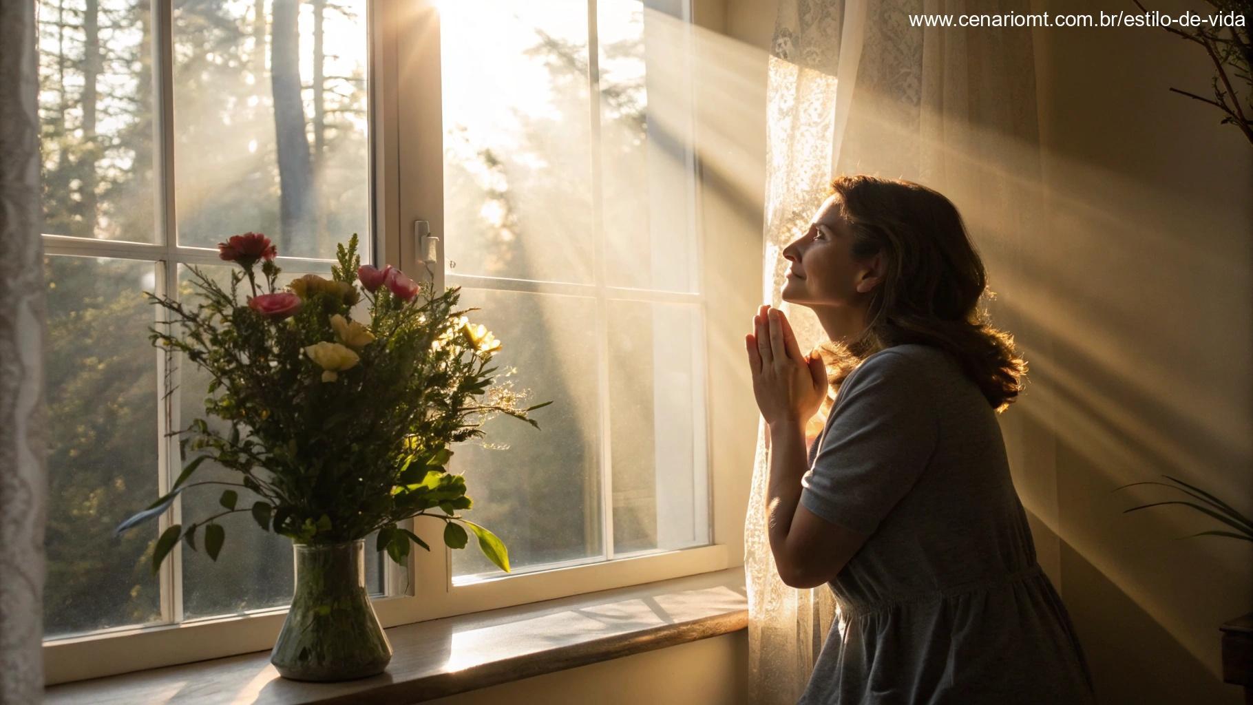 Mulher orando em manhã tranquila de domingo com flores ao lado