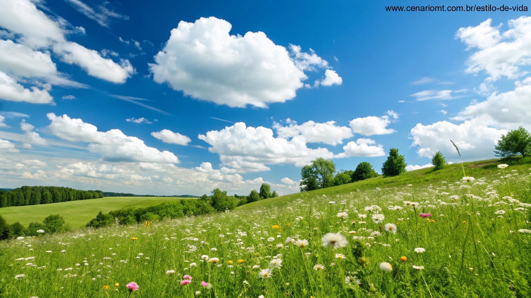 Céu azul claro com nuvens brancas fofas sobre um prado verde cheio de flores desabrochando e luz suave do sol, clima pacífico e inspirador