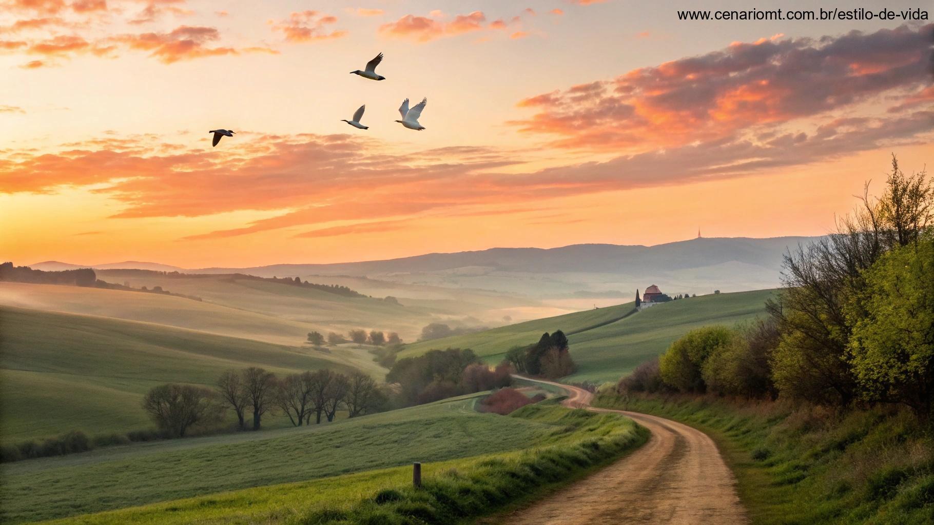 amanhecer radiante no campo com pombas voando e luz suave simbolizando bênçãos espirituais