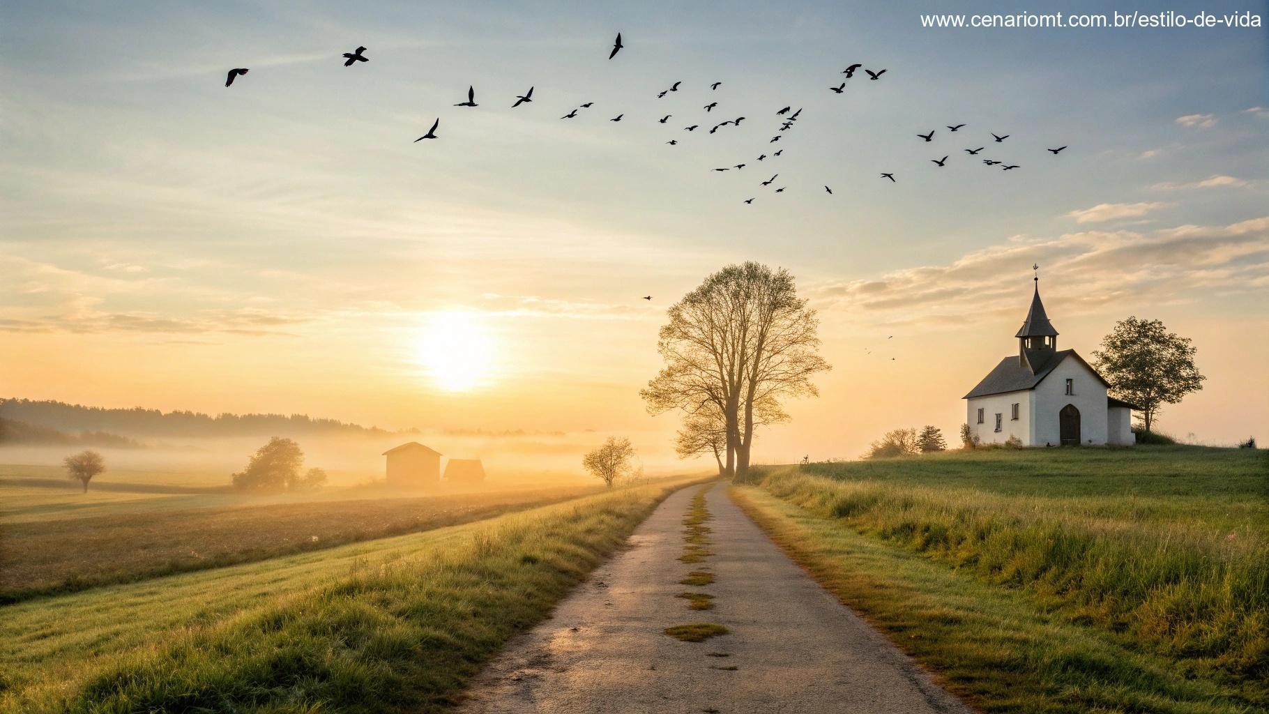 Imagem de um nascer do sol sobre o campo, com um caminho levando a uma igreja ao fundo, pássaros no céu e luz suave simbolizando bênçãos e fé para abençoar sua terça-feira 13/05/2025