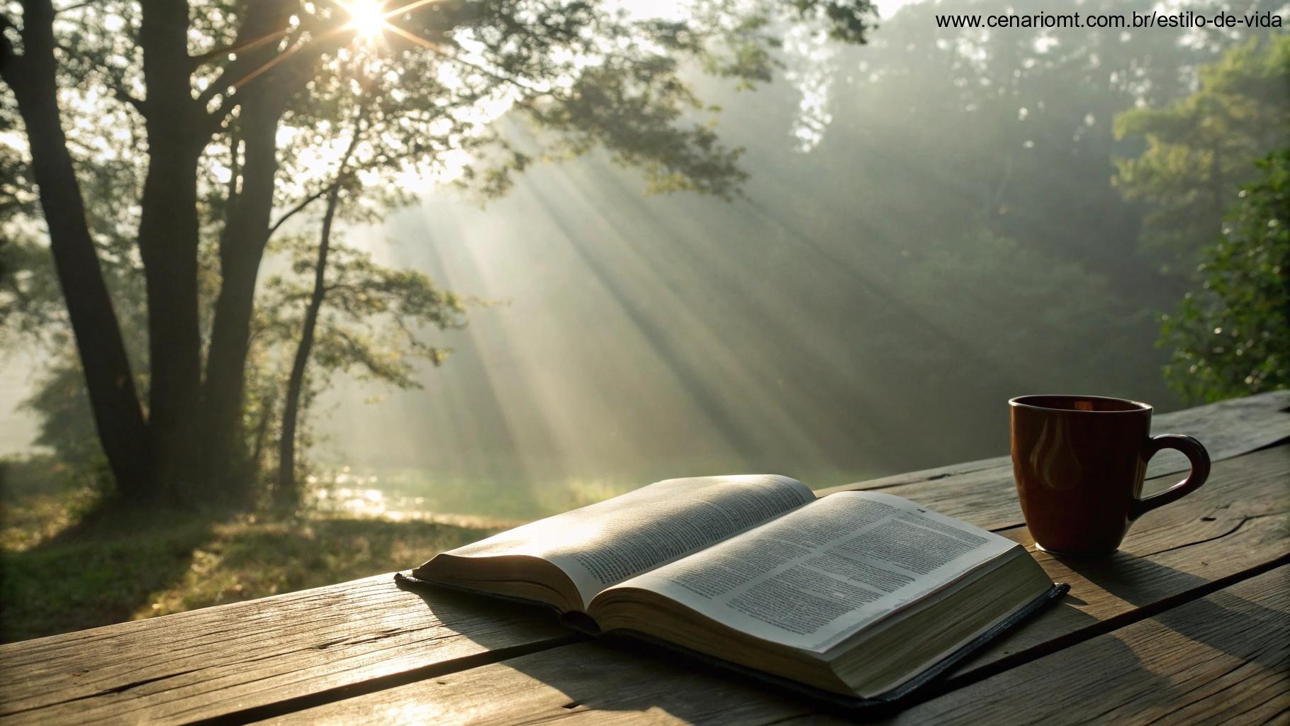 Cena tranquila de manhã com raios de sol passando pelas árvores, uma bíblia aberta sobre a mesa e uma xícara de chá, evocando reflexão espiritual para começar bem o dia