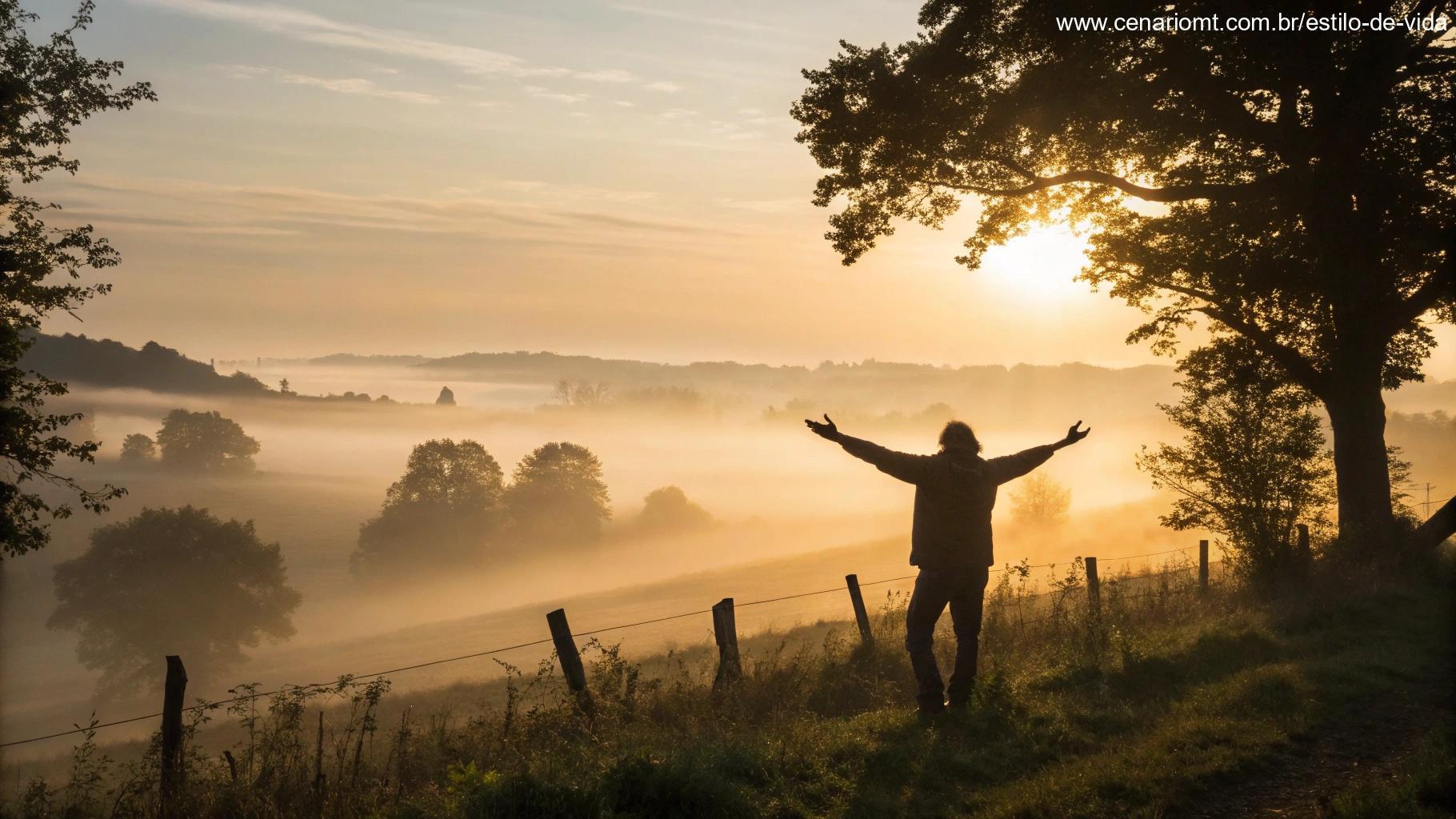 Amanhecer no campo com pessoa em gratidão, simbolizando fé e recomeço