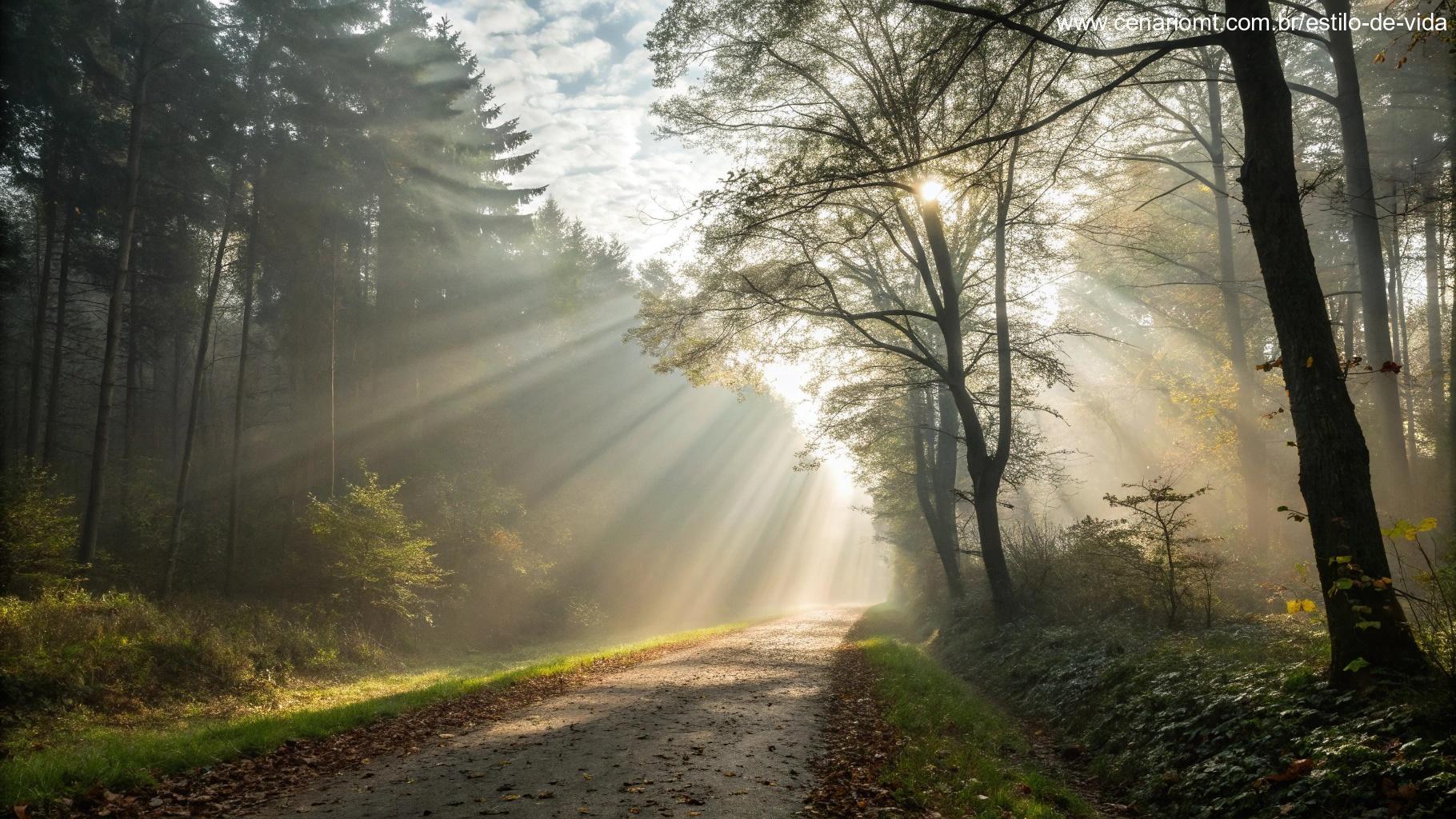 Cena tranquila da manhã com raios de sol iluminando um caminho na floresta.