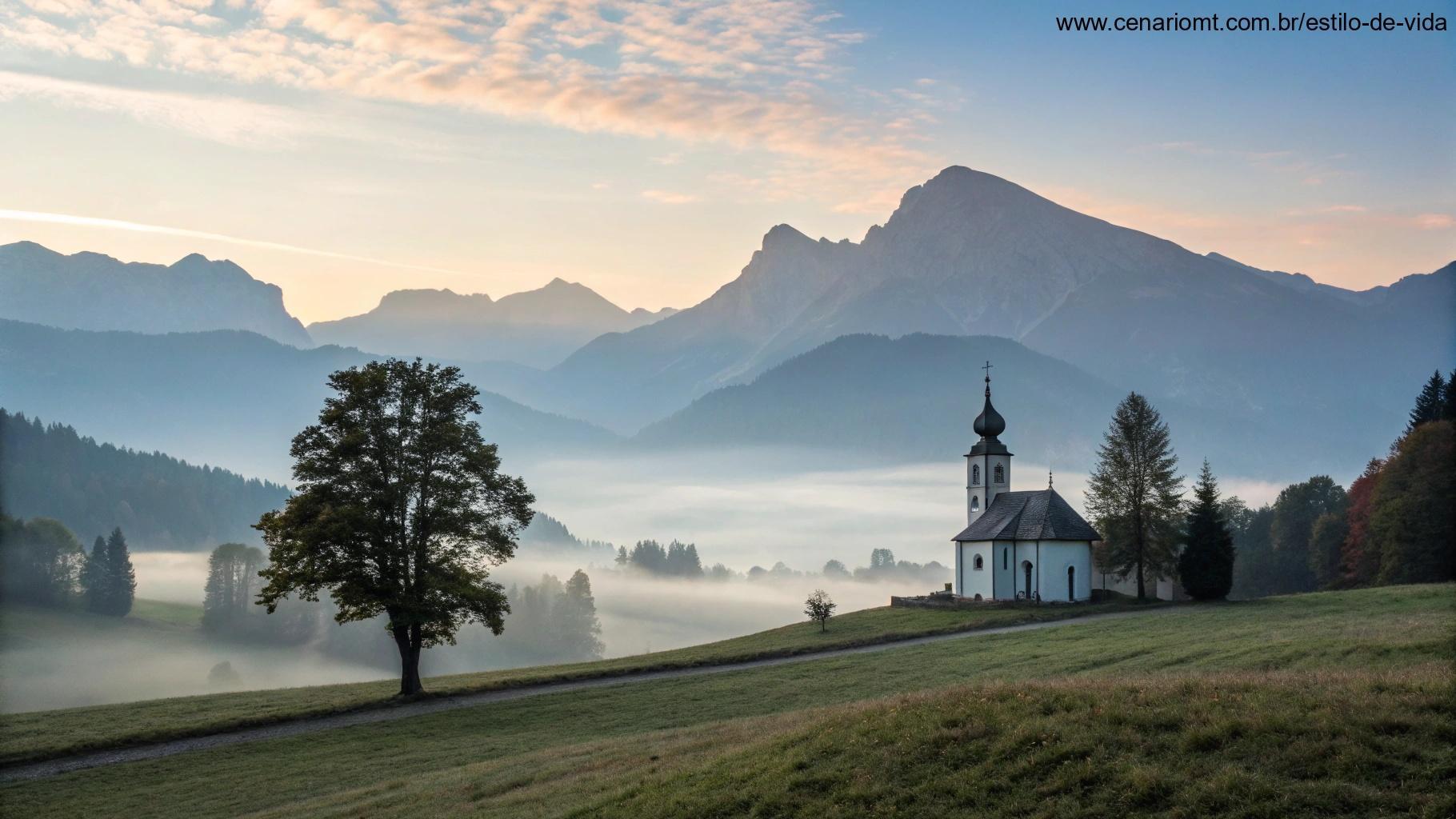 Paisagem montanhosa serena com uma pequena igreja ao fundo e luz suave da manhã