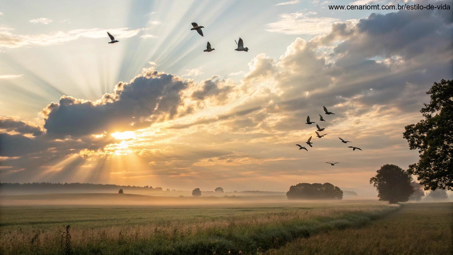 Nascer do sol iluminando um campo tranquilo, com pombas voando e luz atravessando as nuvens, simbolizando bênçãos divinas e palavras de fé para o sábado