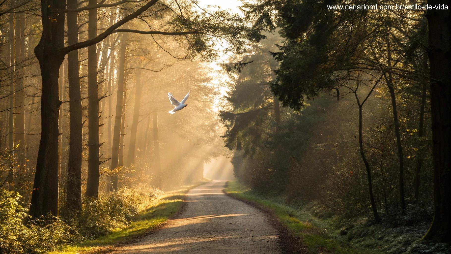 Trilha em floresta iluminada pela luz dourada da manhã com uma pomba voando, simbolizando bênção espiritual