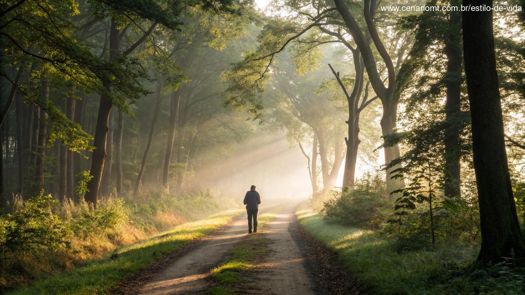 Trilha em floresta serena com luz da manhã e atmosfera de renovação