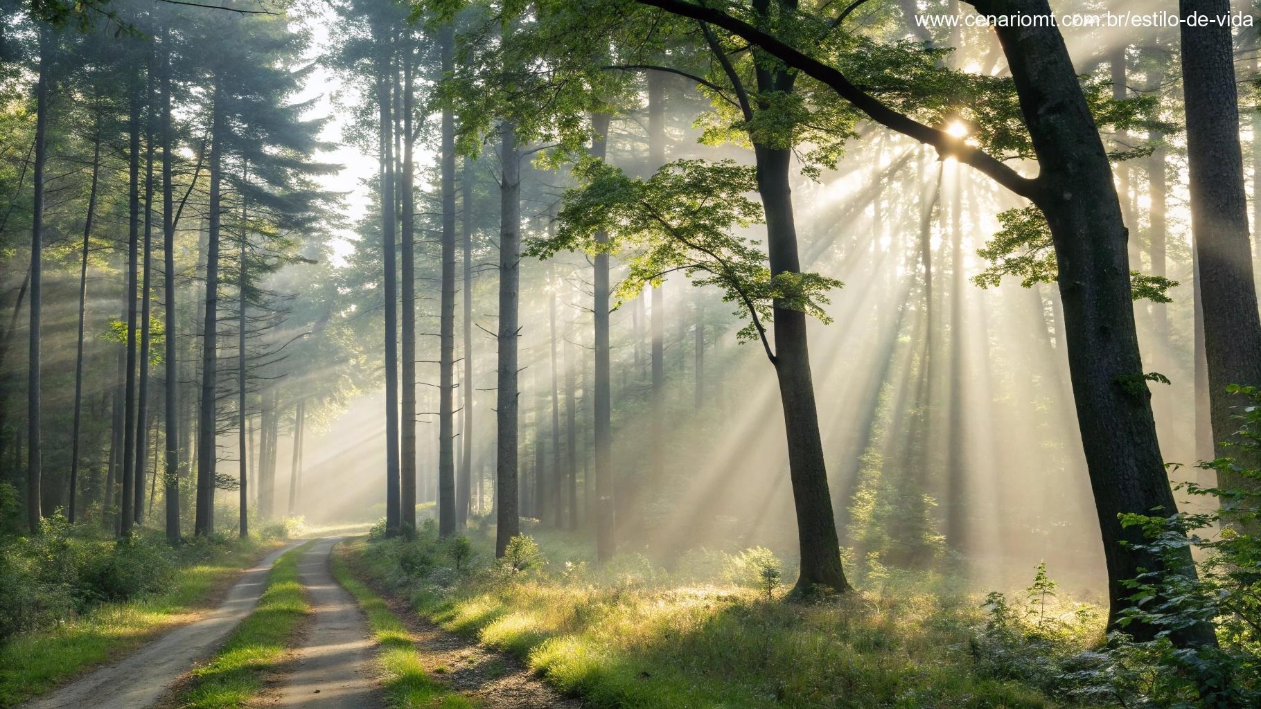 Imagem de uma floresta serena ao amanhecer, com raios de sol entre as árvores, simbolizando força espiritual