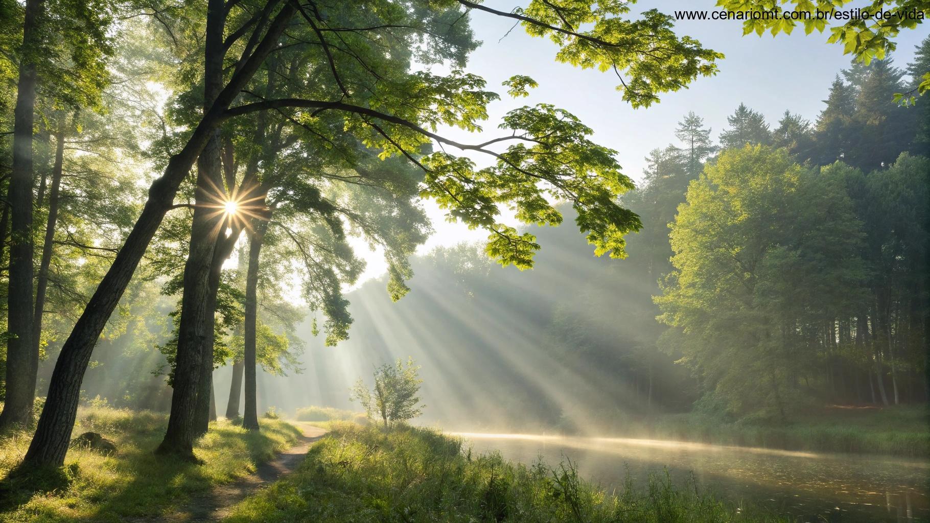 Luz do sol iluminando uma floresta serena em uma manhã de sexta-feira