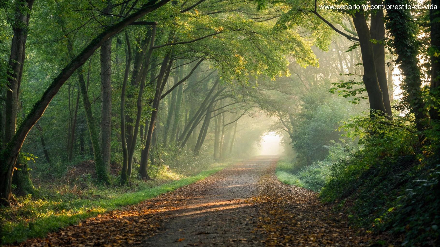 Trilha serena em uma floresta ao amanhecer, transmitindo inspiração e tranquilidade