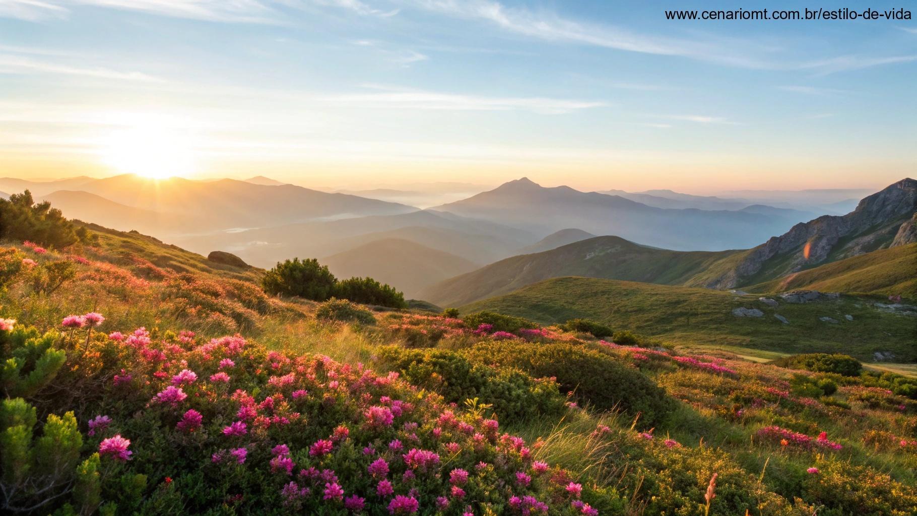 Amanhecer sobre montanhas com flores ao redor representando motivação para a quinta-feira