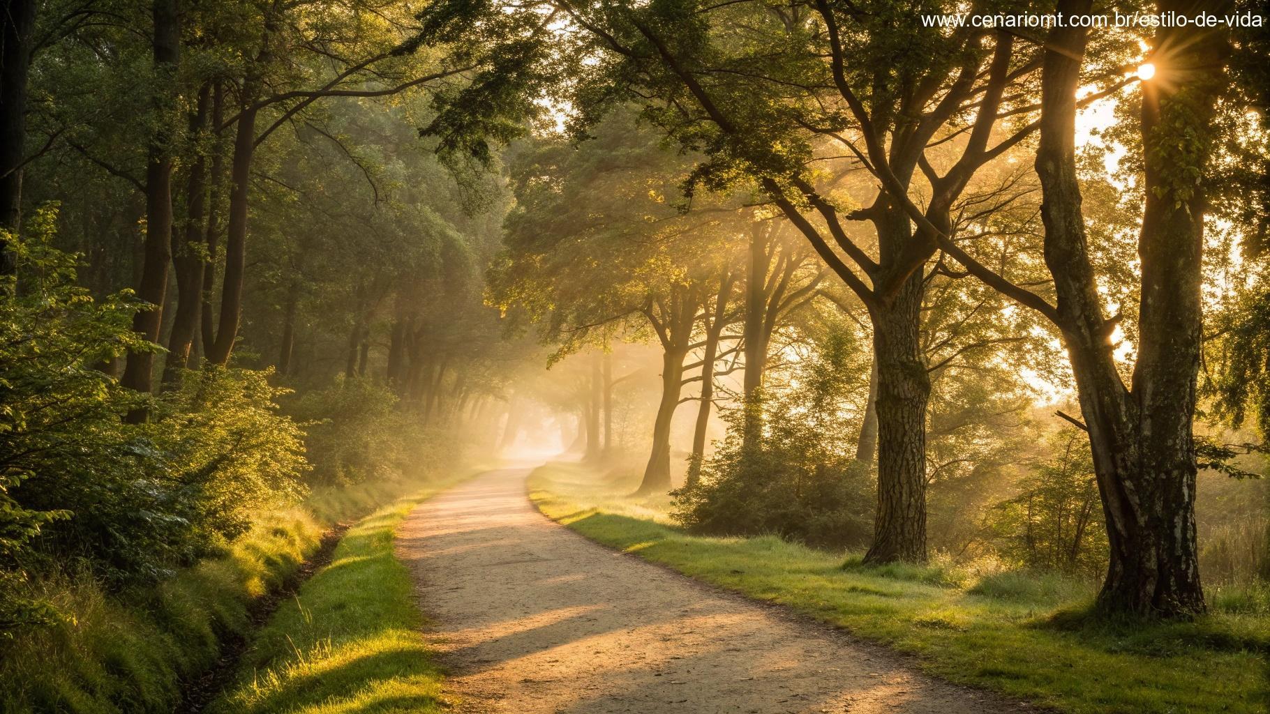 Caminho sereno em uma floresta iluminada pelo sol dourado, simbolizando palavras que tocam a alma