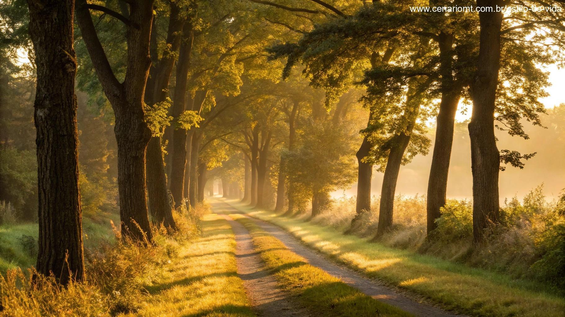 Paisagem natural serena com luz dourada da manhã, caminho tranquilo pela floresta e cores acolhedoras que tocam o coração
