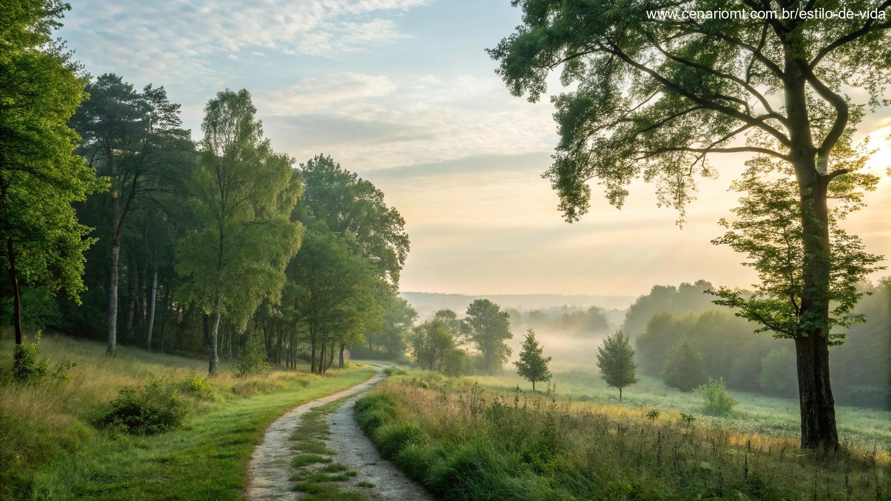 Paisagem tranquila de manhã com luz suave e caminho sereno