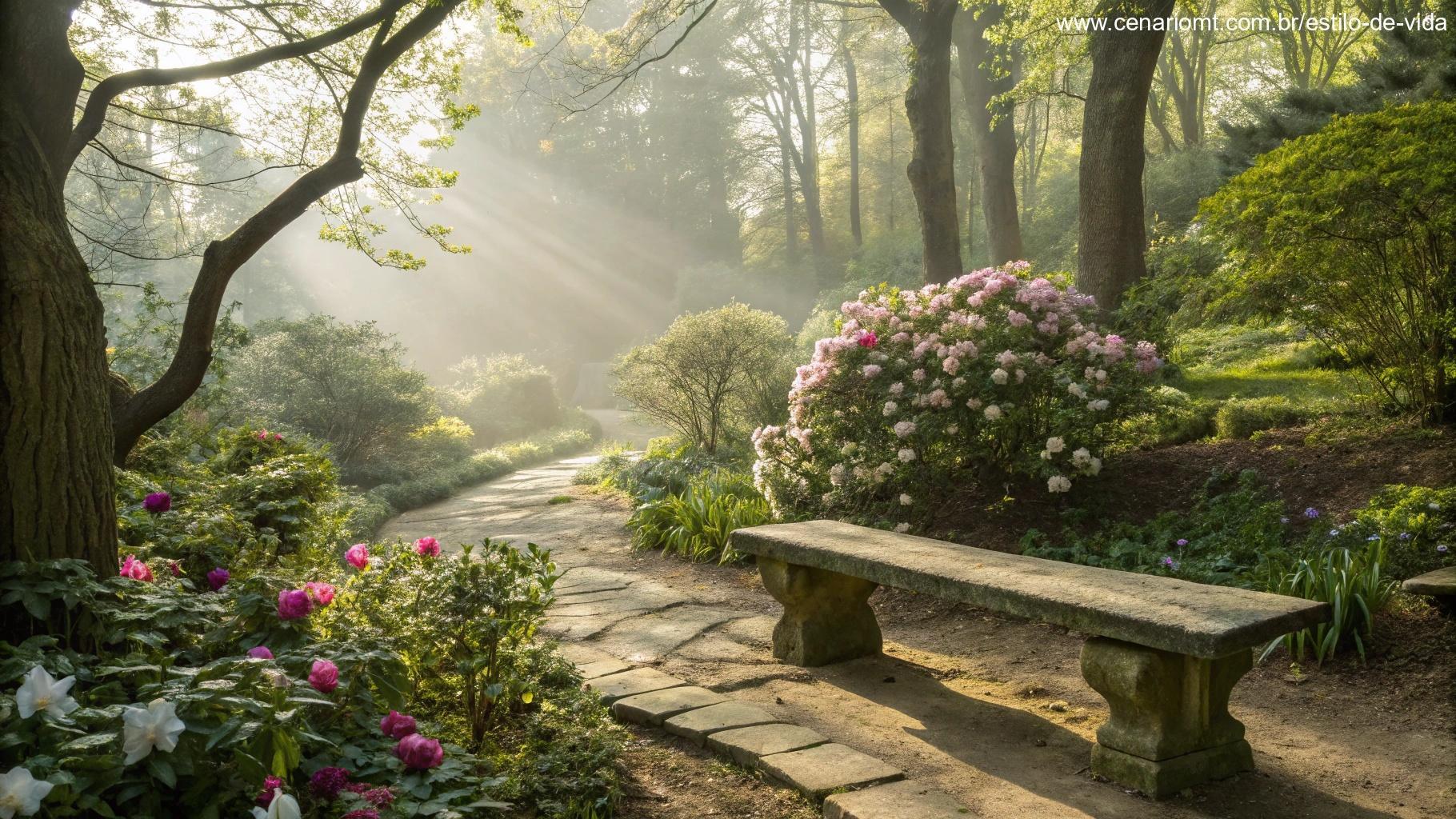 Jardim sereno e tranquilo com banco de pedra, flores desabrochando e luz suave filtrada, convidando à reflexão calma e prática diária da fé