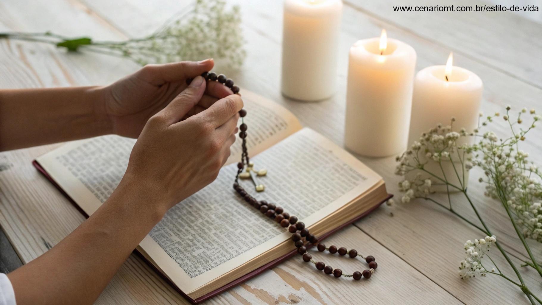 Mãos segurando suavemente um terço sobre um livro de orações aberto, luz natural suave destacando texturas da madeira e do papel, rodeado por velas e flores brancas delicadas simbolizando fé e devoção