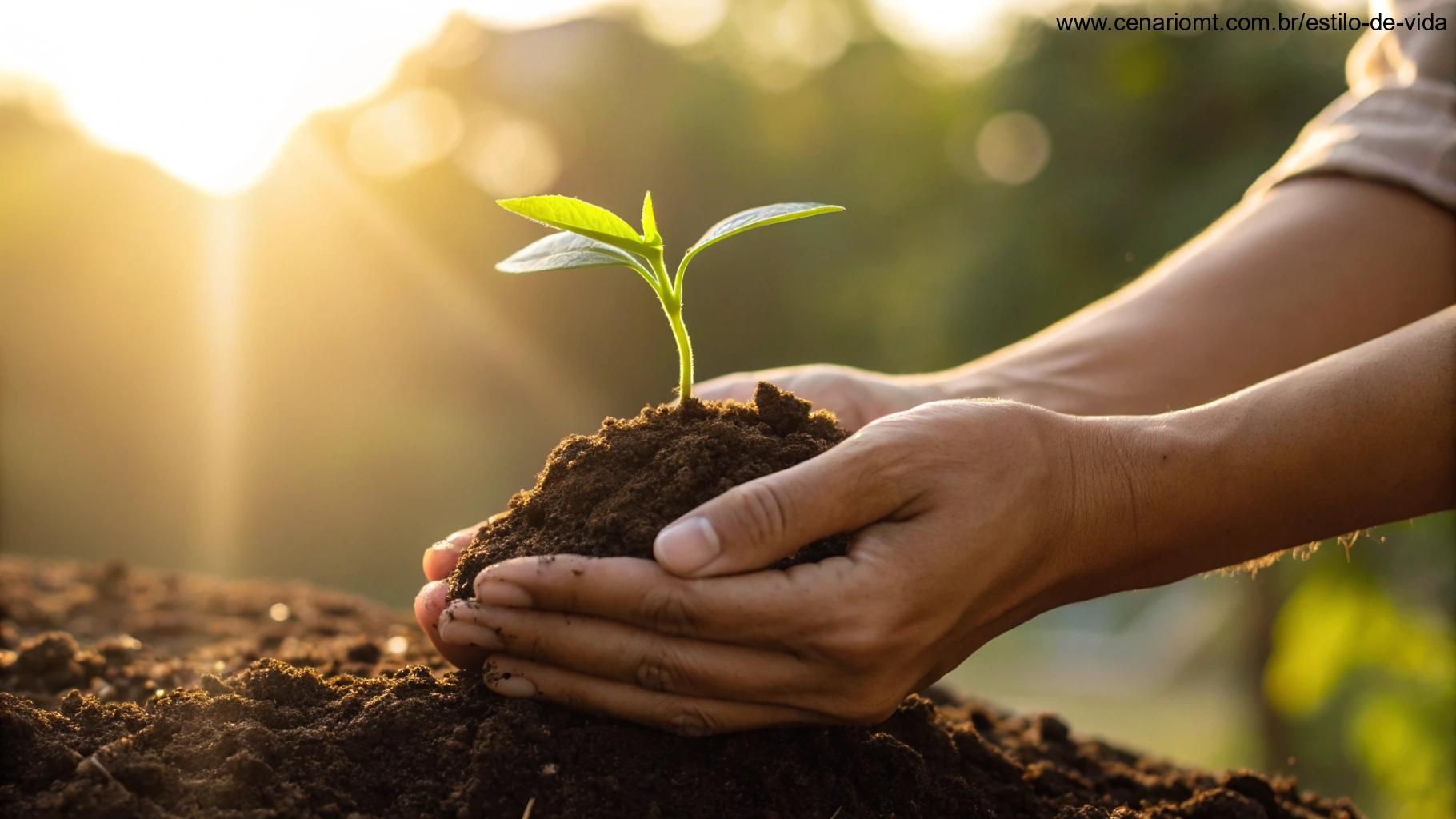 mãos segurando delicadamente uma pequena planta brotando de solo fértil, com luz quente do sol destacando o crescimento e o cuidado, representando práticas diárias e incorporação da palavra divina