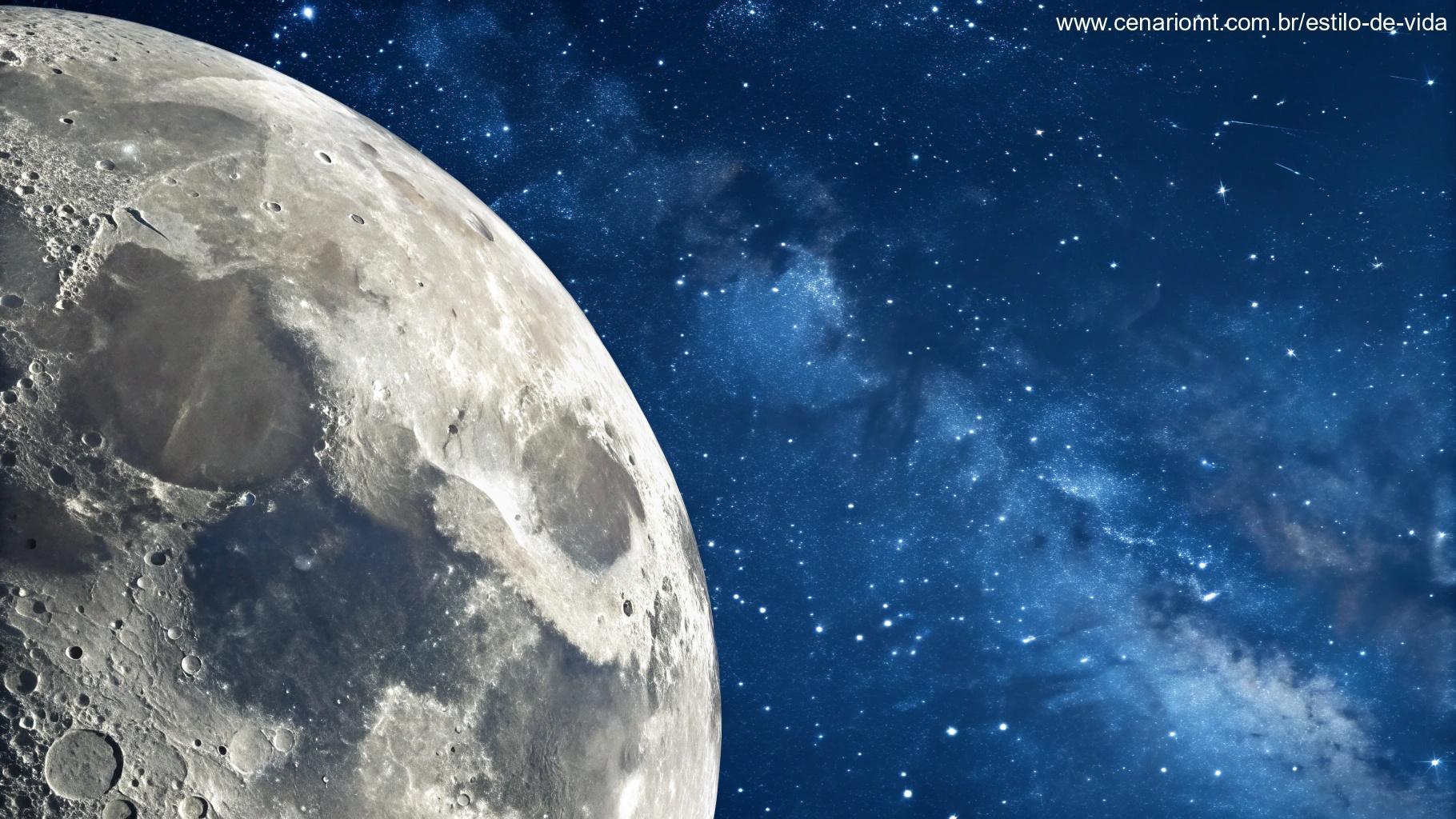 Renderização artística e realista da fase atual da Lua, com detalhes de crateras e superfície contra um céu noturno estrelado