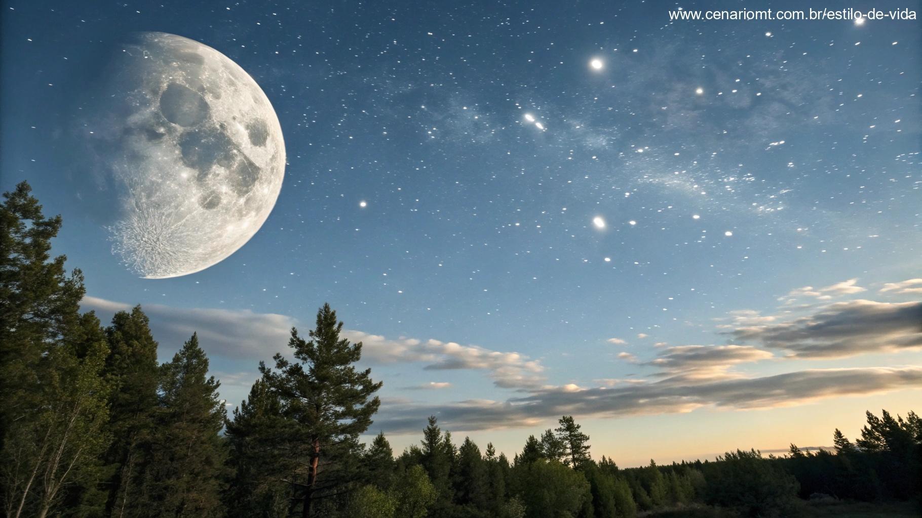 Representação astronômica da Lua Gibosa Crescente e o céu estrelado