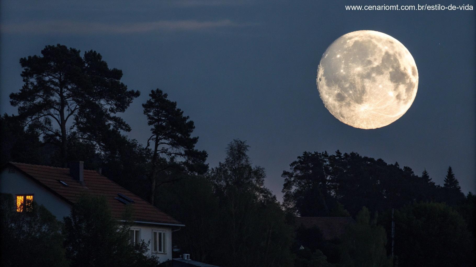 Fase lunar de hoje, segunda-feira, 5 de maio de 2025, em um ambiente noturno sereno