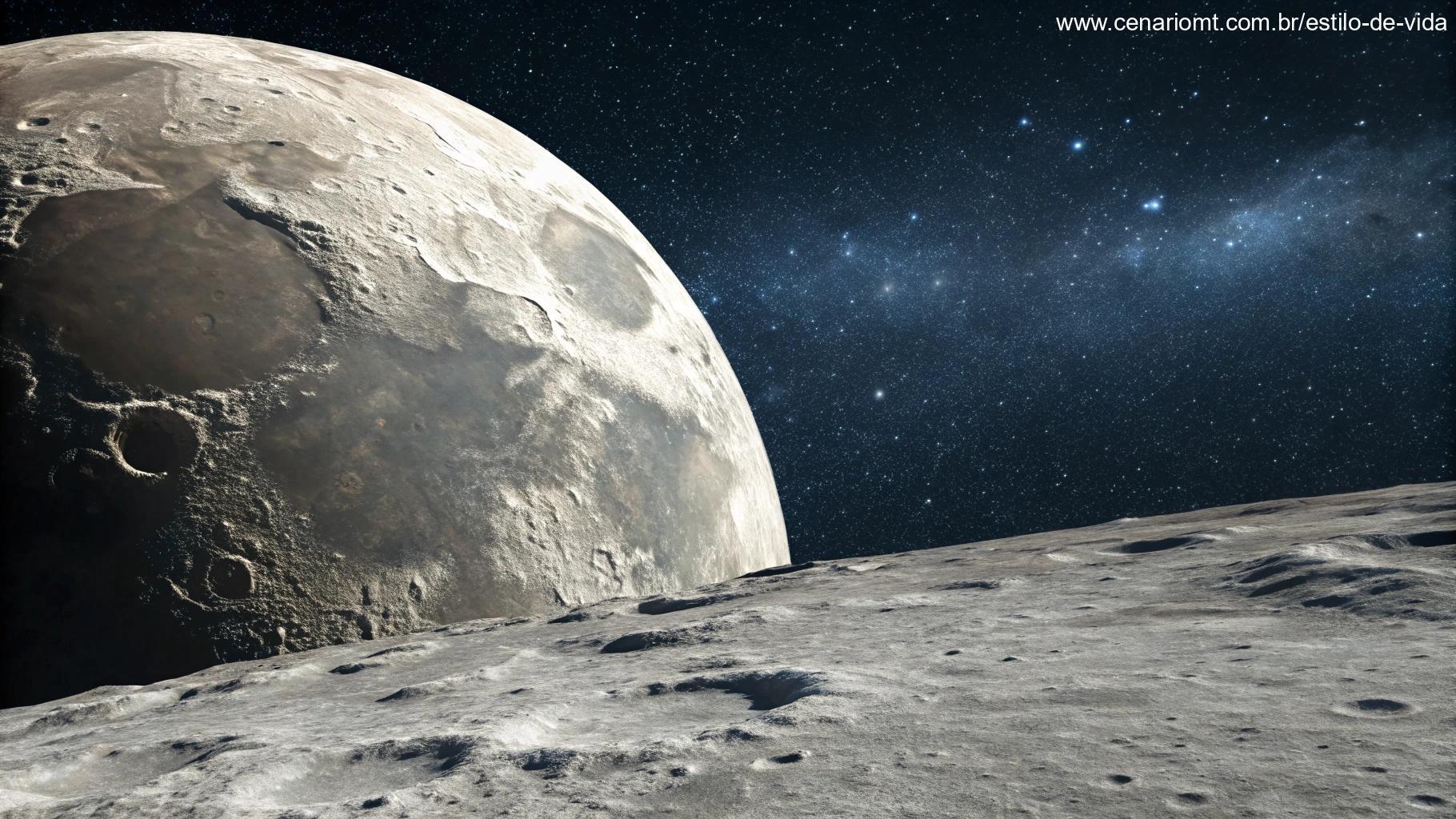 Cena fotorrealista da fase atual da lua em 12 de maio de 2025, vista da Terra, com um fundo estrelado