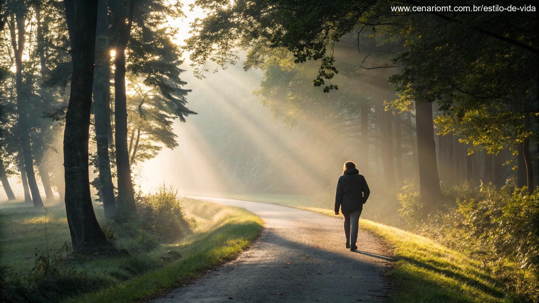 Imagem de uma pessoa caminhando por uma trilha sinuosa em uma floresta ao amanhecer, simbolizando perseverança e resiliência