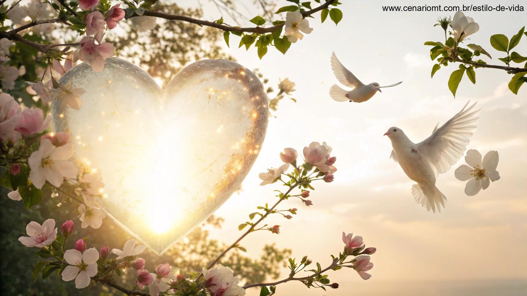 Imagem simbólica com coração brilhante, luz, flores e pombas representando o amor e o sentido da vida
