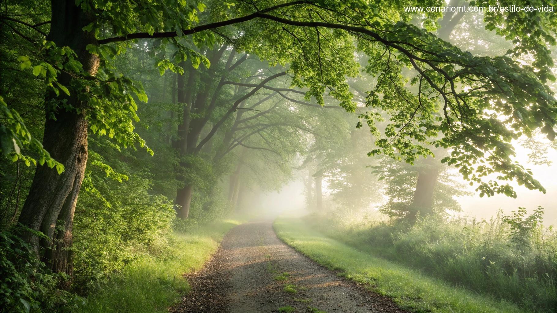 Trilha em floresta iluminada pela luz da manhã, inspirando reflexão bíblica para o dia