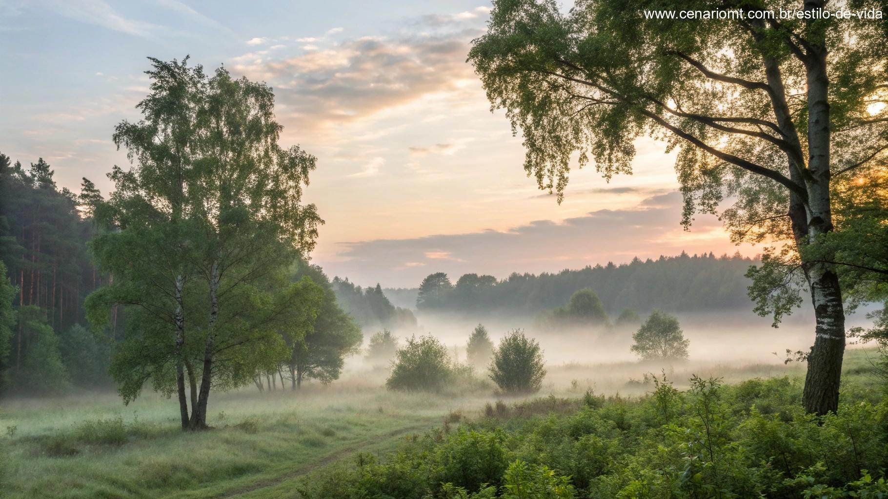 Paisagem tranquila em floresta ao amanhecer representando reflexão bíblica e paz interior