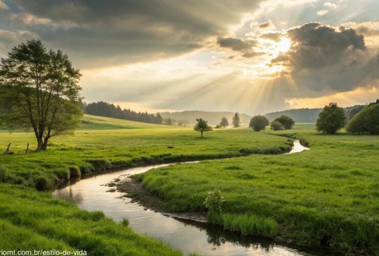 Uma paisagem serena com luz suave filtrando através das nuvens, iluminando um prado verde pacífico, com um riacho suave fluindo, simbolizando paz e reflexão.