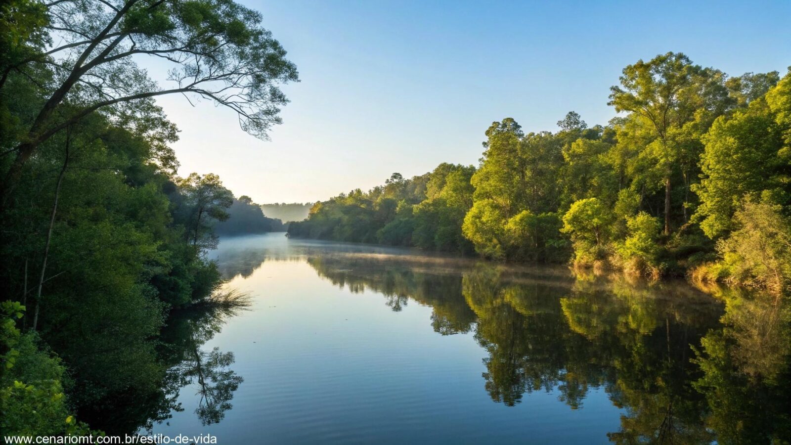 Cena tranquila de natureza com um rio refletindo a luz da manhã, cercado por árvores verdes e céu azul claro, simbolizando serenidade e reflexão.