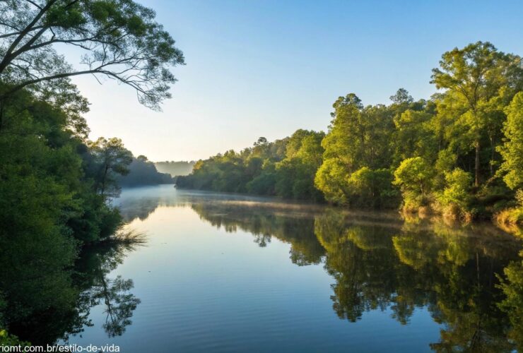 Cena tranquila de natureza com um rio refletindo a luz da manhã, cercado por árvores verdes e céu azul claro, simbolizando serenidade e reflexão.