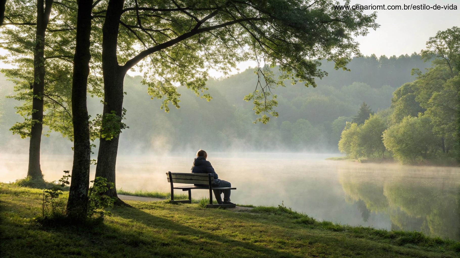 Cenário natural tranquilo com uma pessoa sentada em um banco próximo a um lago calmo, lendo a Bíblia, cercada por árvores verdes e neblina suave da manhã, representando um momento de reflexão bíblica para uma segunda-feira