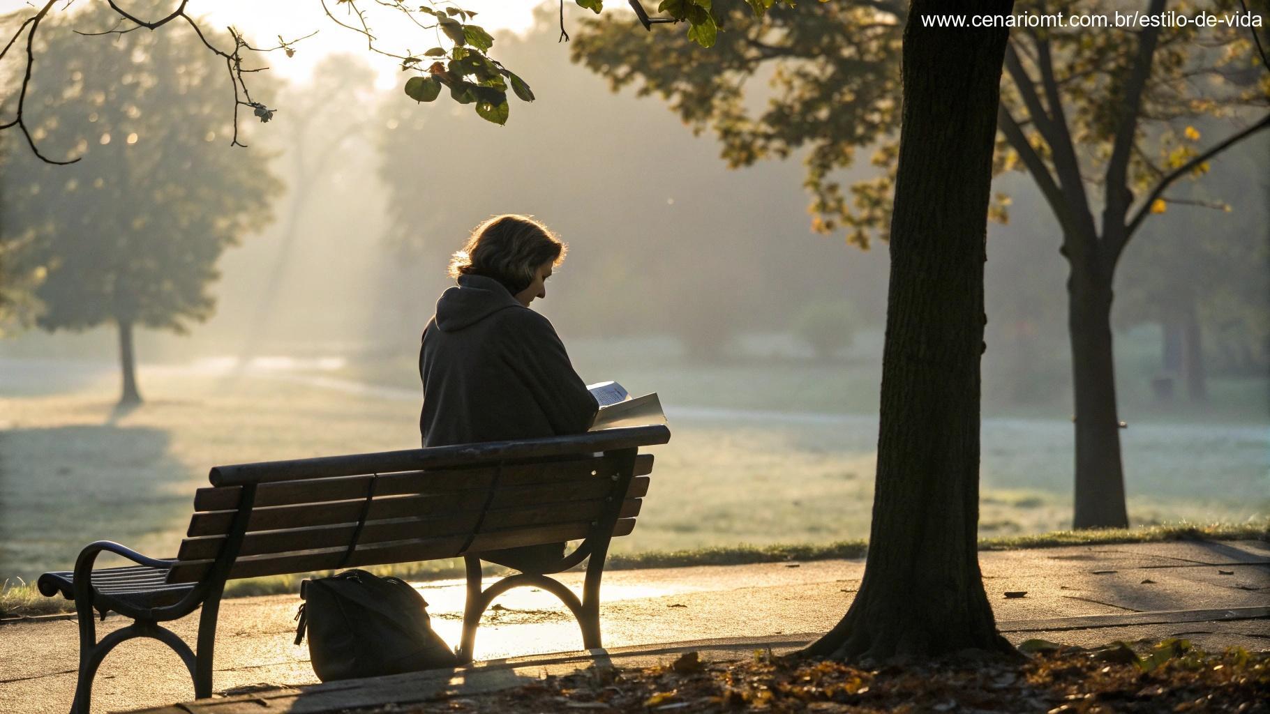 Cena de paz com uma pessoa sentada em um banco de parque, meditando à luz da manhã com uma Bíblia no colo, simbolizando a reflexão sobre como viver a paz de Cristo no cotidiano
