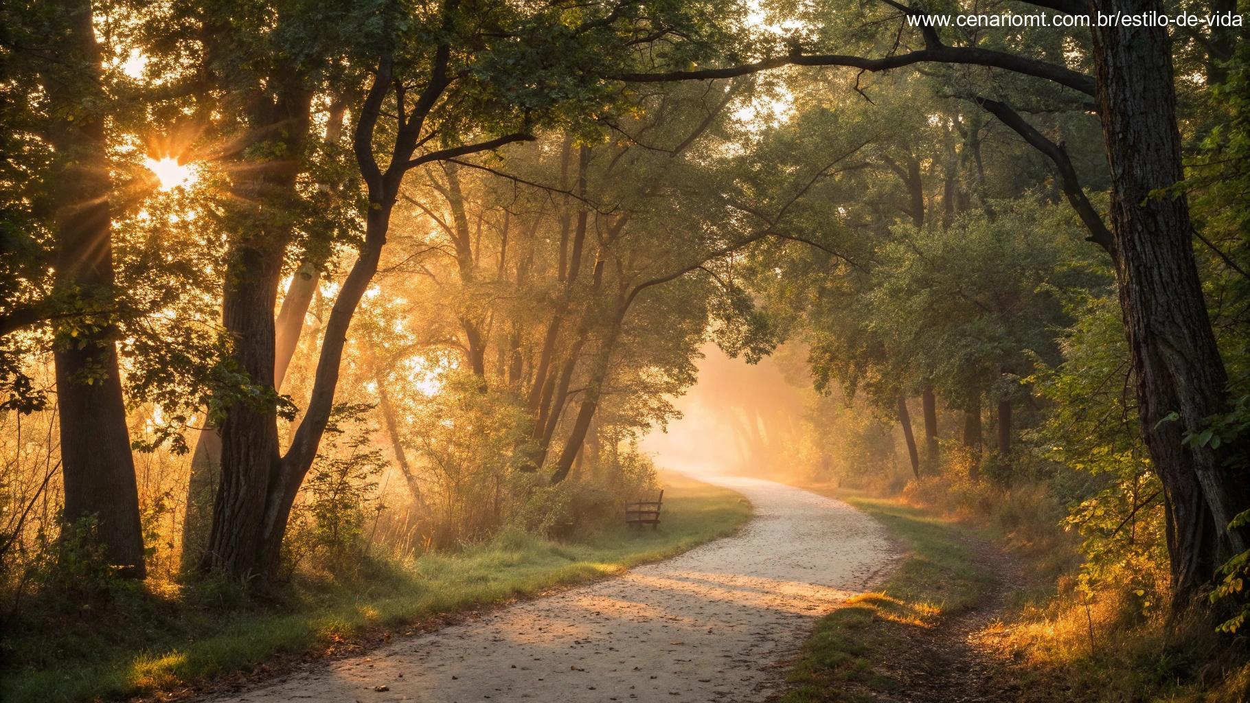 Trilha em floresta ao amanhecer simbolizando recomeço com coragem e fé