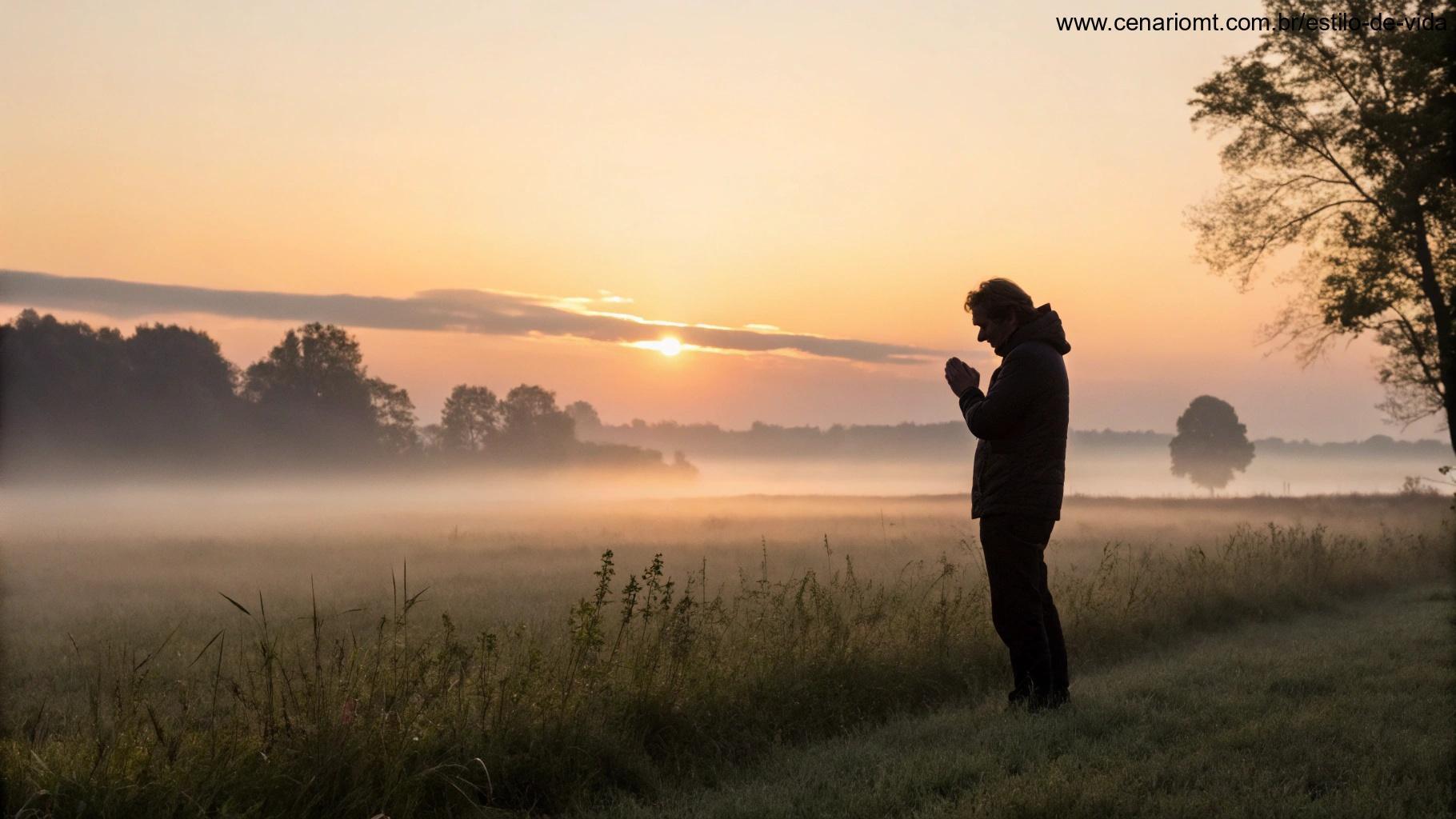 Pessoa orando sozinha em meio à natureza ao amanhecer