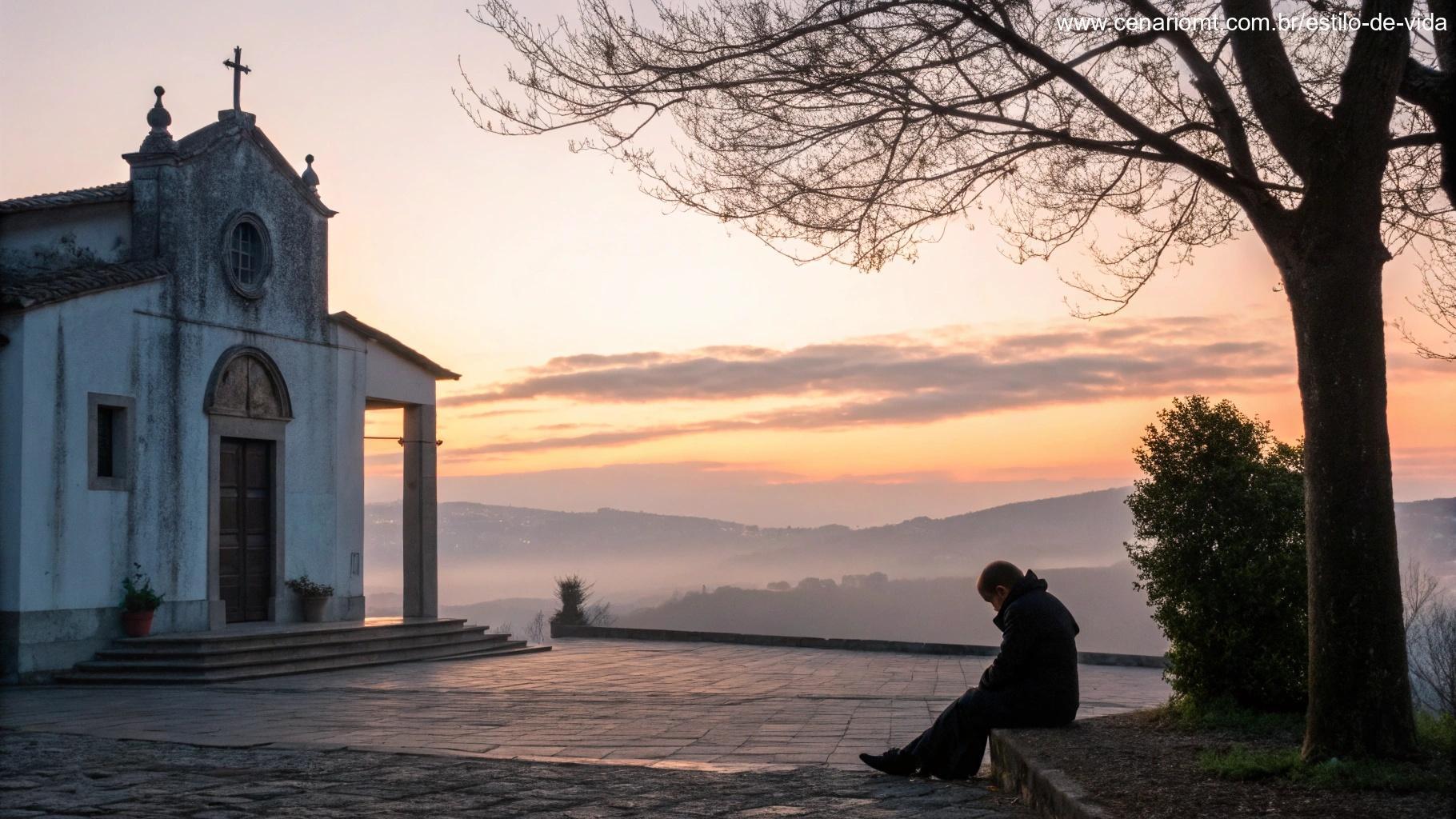 Pessoa em oração tranquila ao nascer do sol em frente a uma capela, representando reflexão espiritual