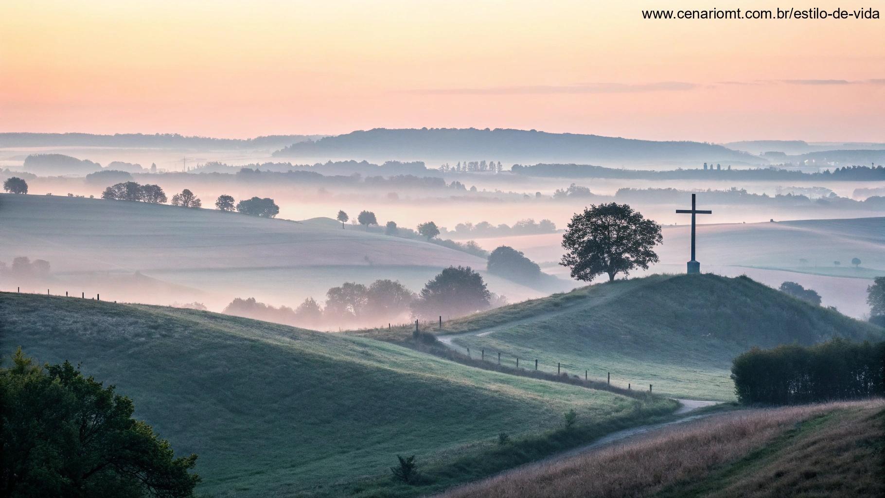 Paisagem tranquila ao amanhecer com colinas suaves e uma cruz ao longe.