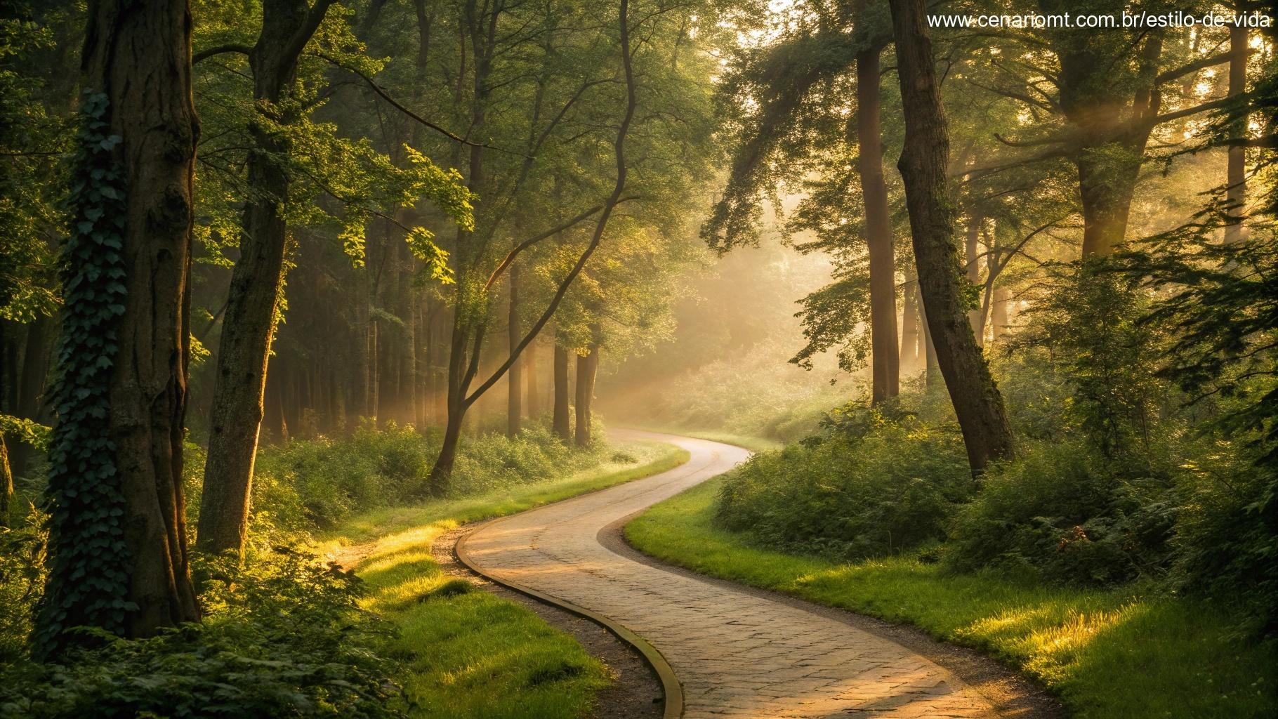 Caminho sinuoso através de uma floresta verdejante com luz dourada entre as árvores