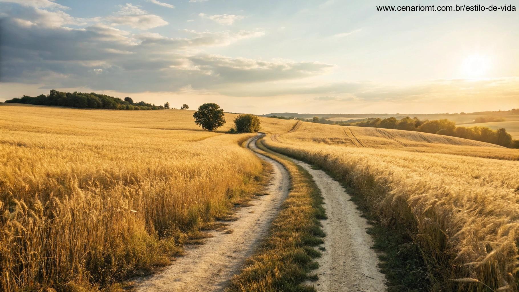 Caminho tranquilo no campo sob um céu claro, simbolizando confiança e reflexão espiritual dominical