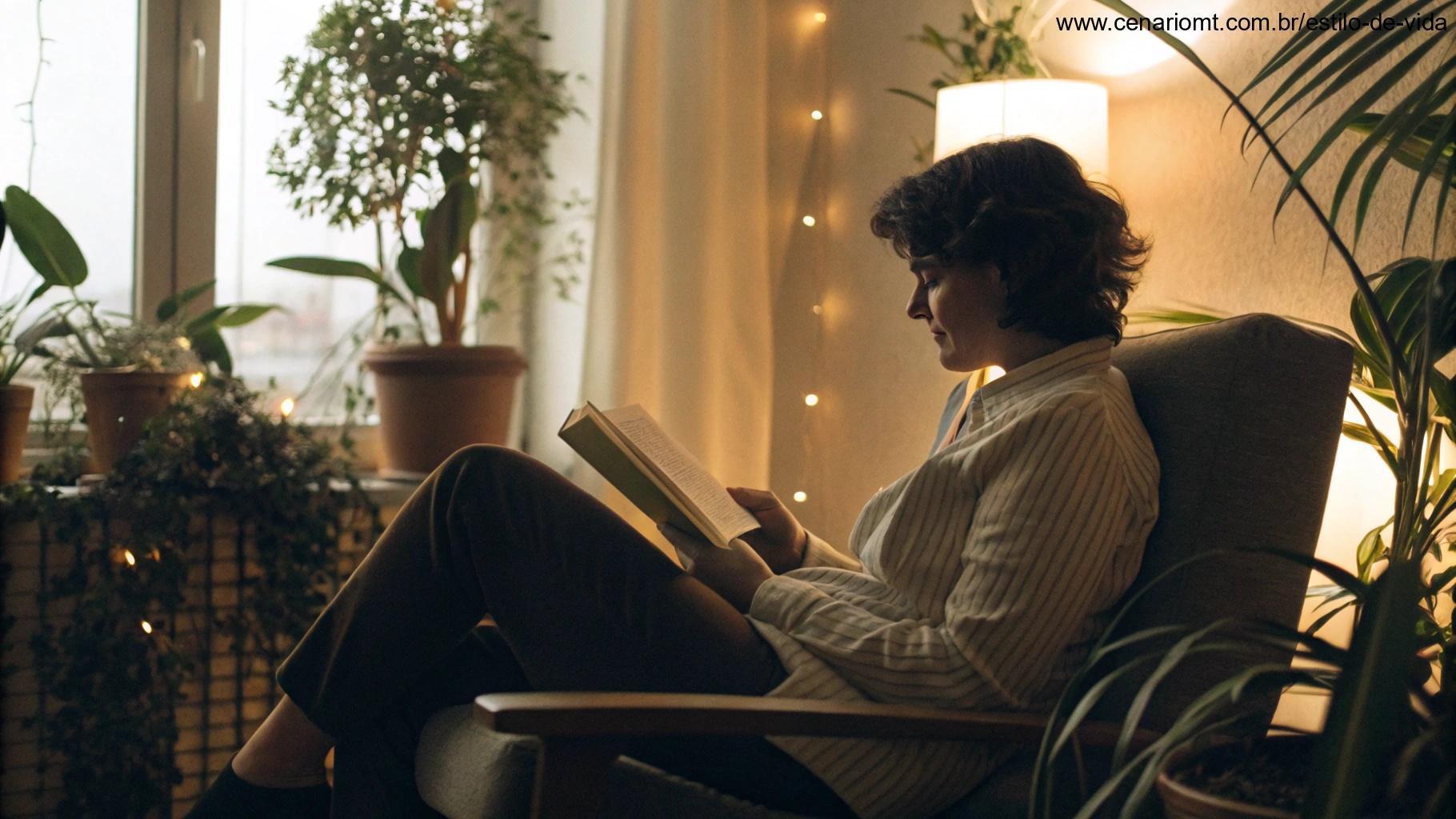 Pessoa em momento de reflexão lendo a Bíblia em um ambiente aconchegante, sugerindo crescimento espiritual