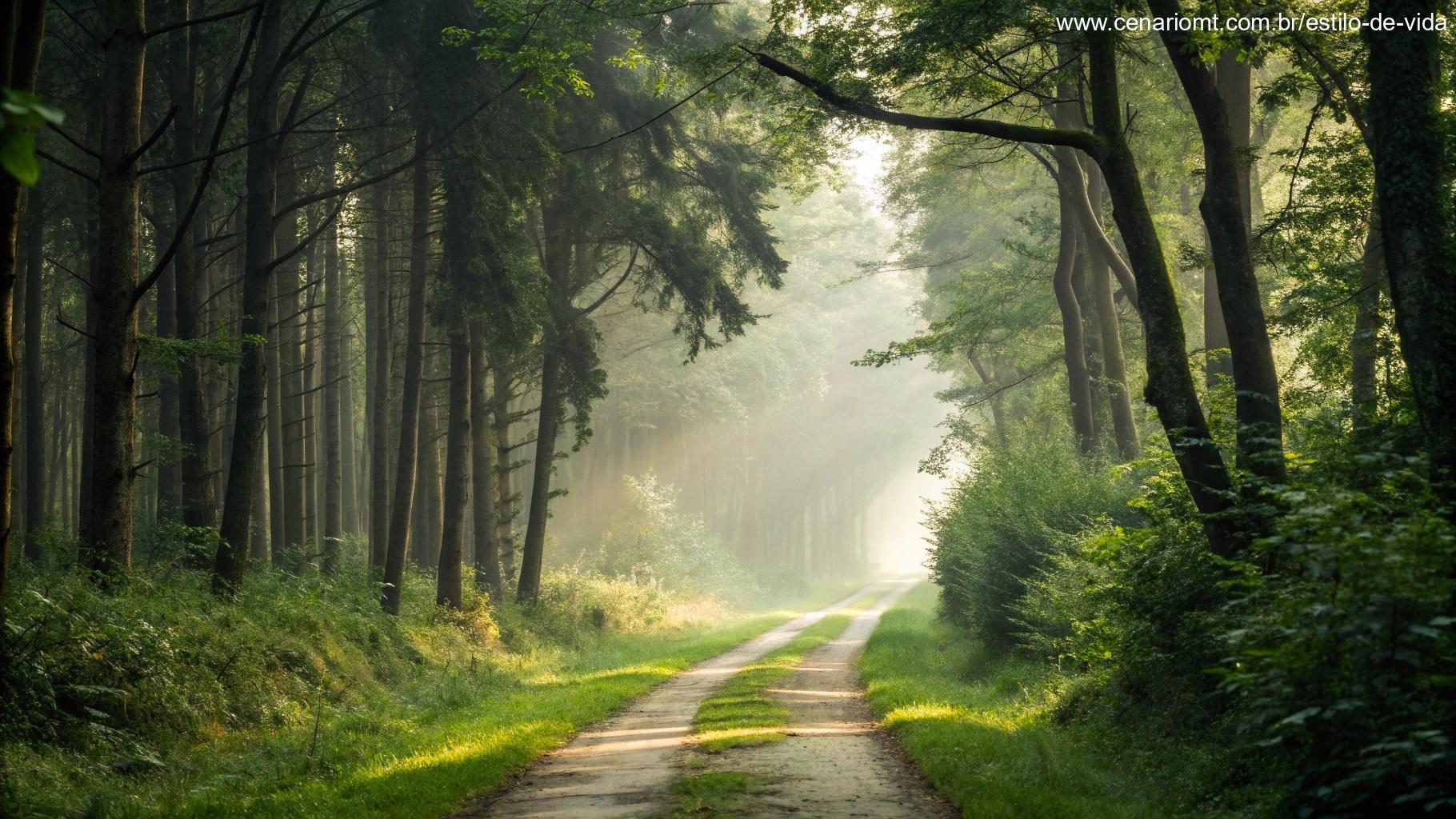 Trilha serena em floresta com luz suave, simbolizando caminho espiritual e paz interior