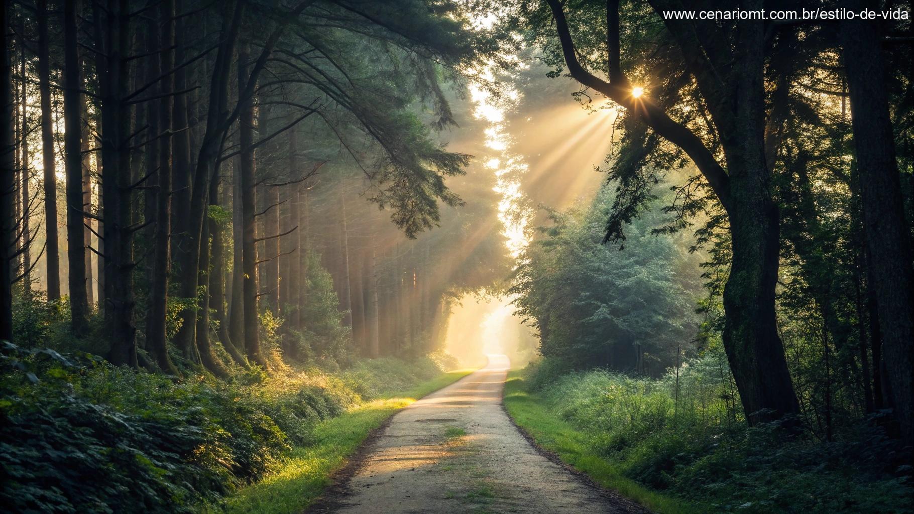 Caminho pacífico através de uma floresta densa, levando a um horizonte iluminado. O caminho simboliza esperança e a jornada da fé, com feixes suaves de luz filtrando pelas árvores.