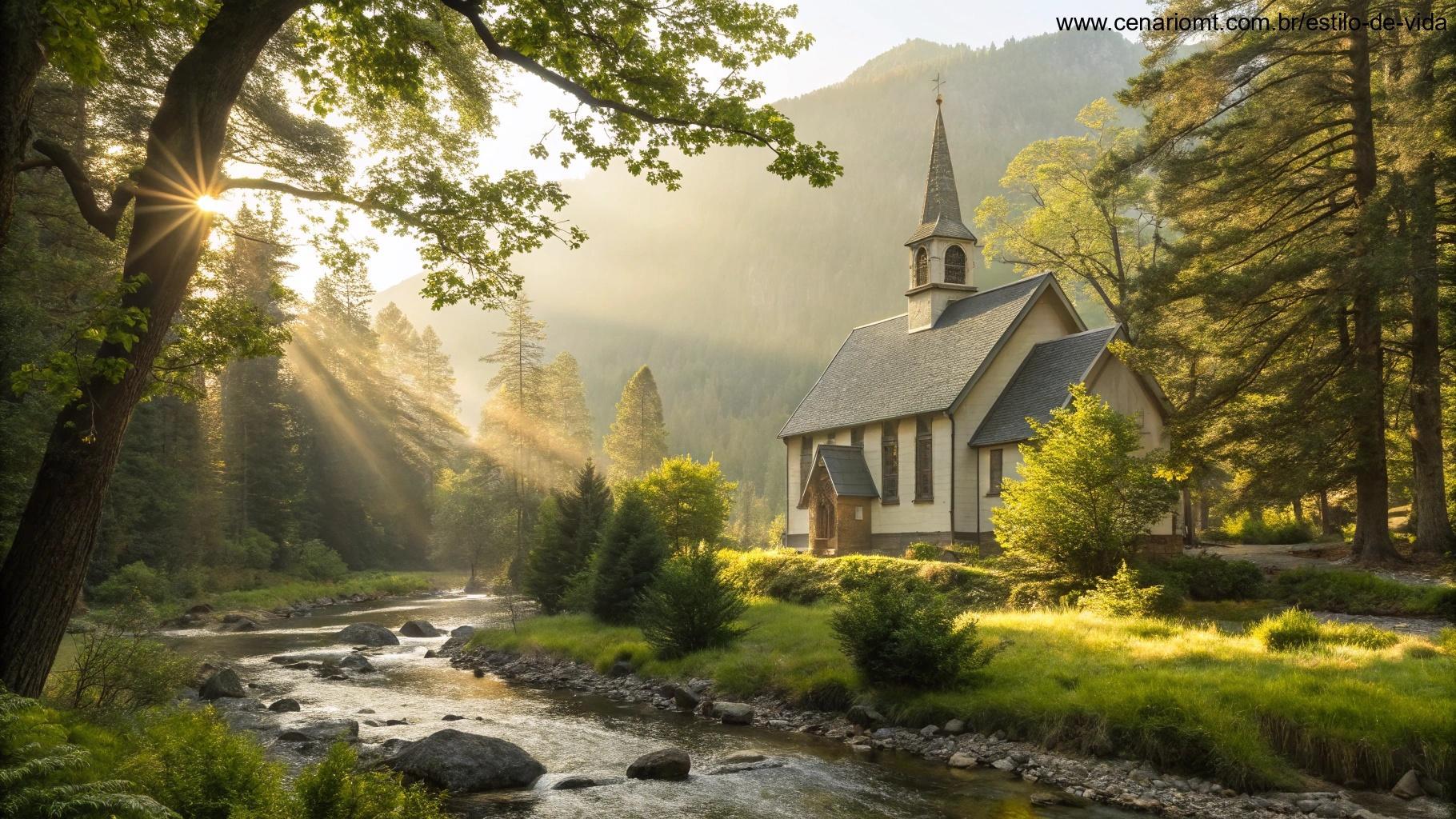 Imagem de uma igreja tranquila rodeada pela natureza, com um riacho fluindo ao lado. A luz do sol penetra pelas árvores criando uma atmosfera acolhedora.