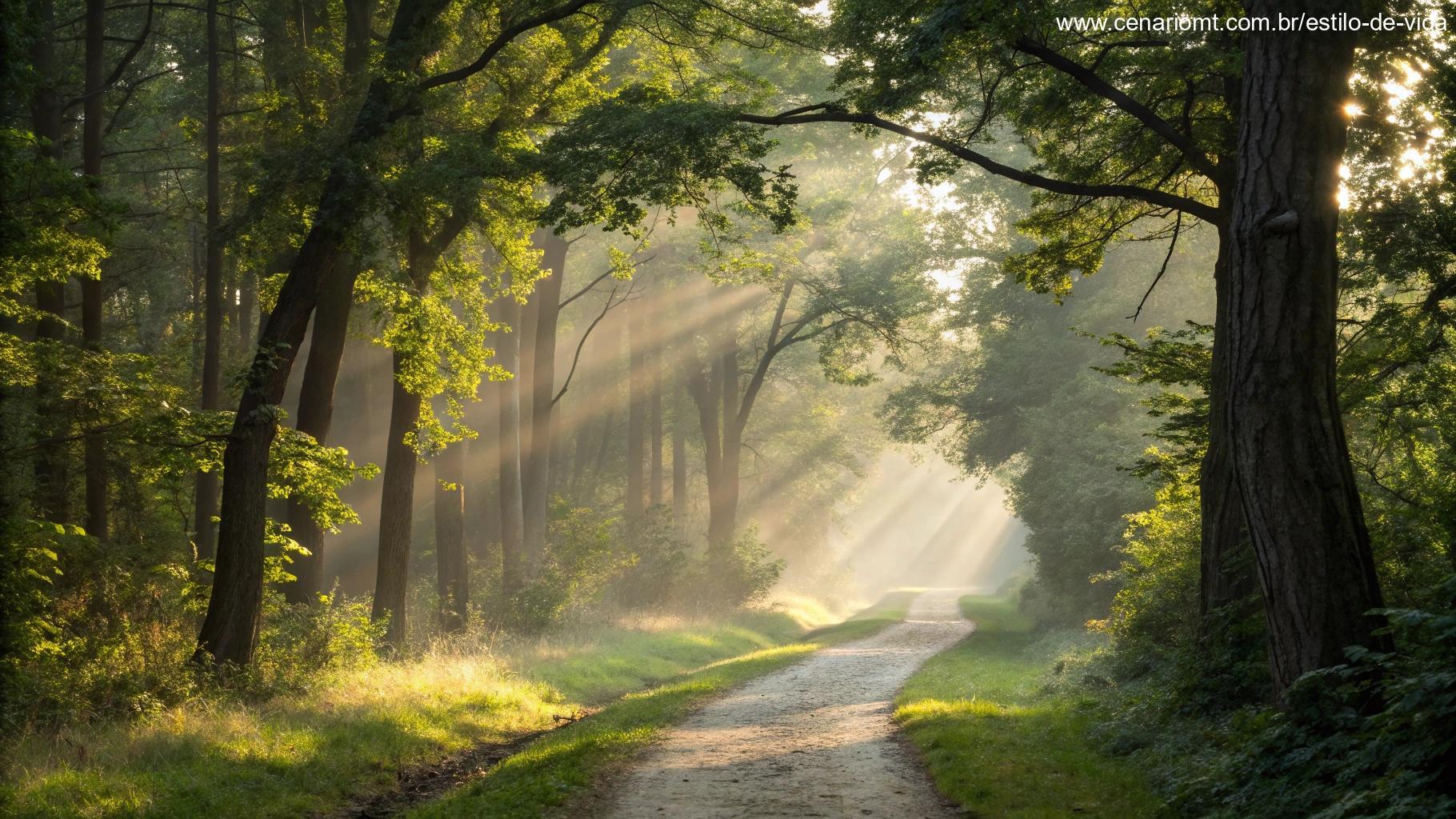Luz da manhã atravessando caminho na floresta, símbolo de fé e reflexão