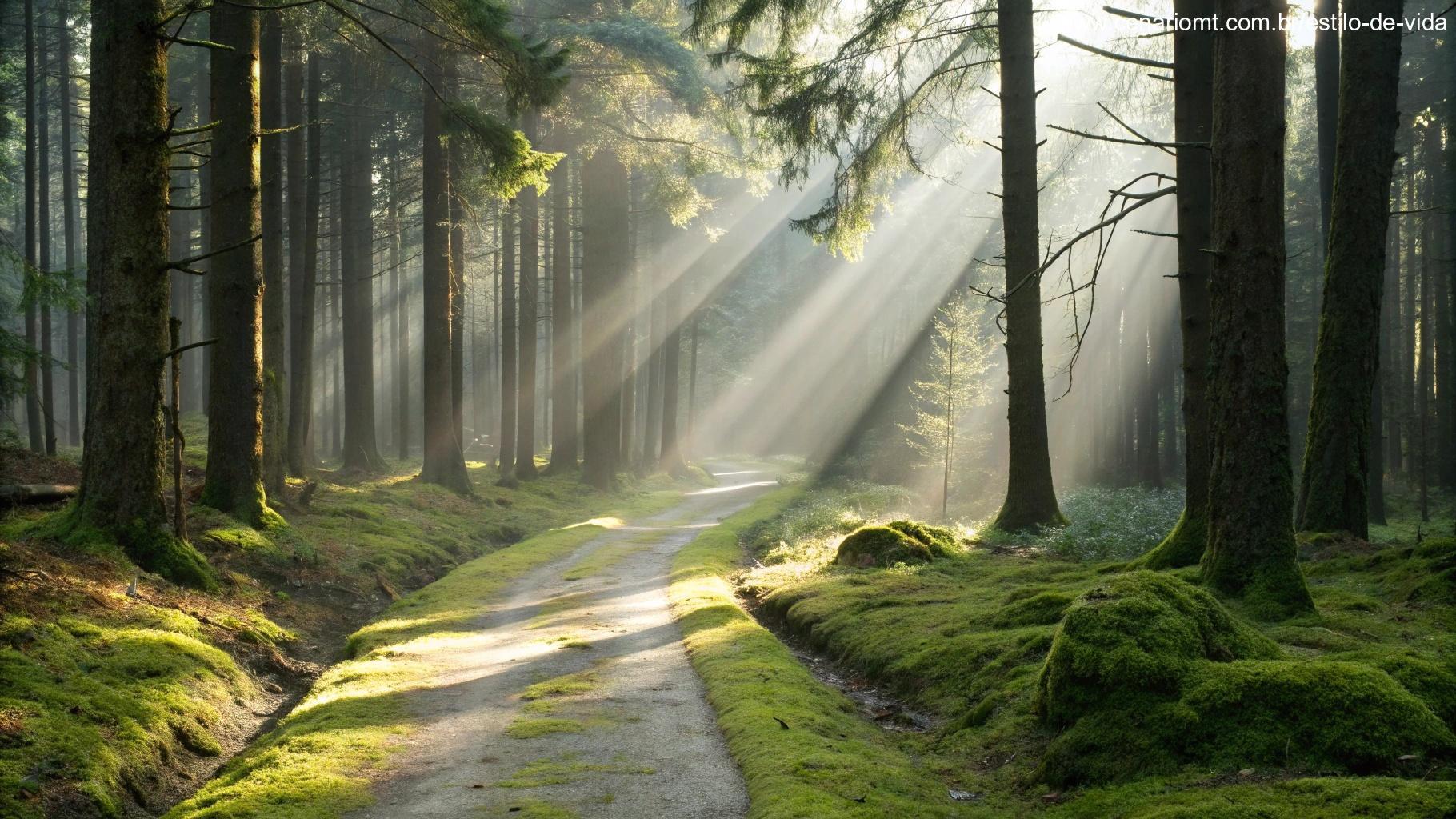 Trilha serena na floresta iluminada por raios de sol, simbolizando reflexão e inspiração espiritual para a semana